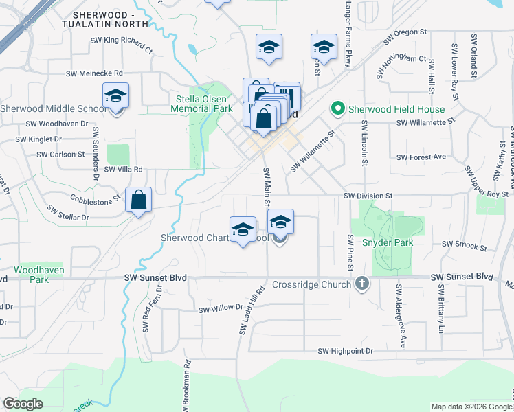 map of restaurants, bars, coffee shops, grocery stores, and more near 23051 Southwest Main Street in Sherwood