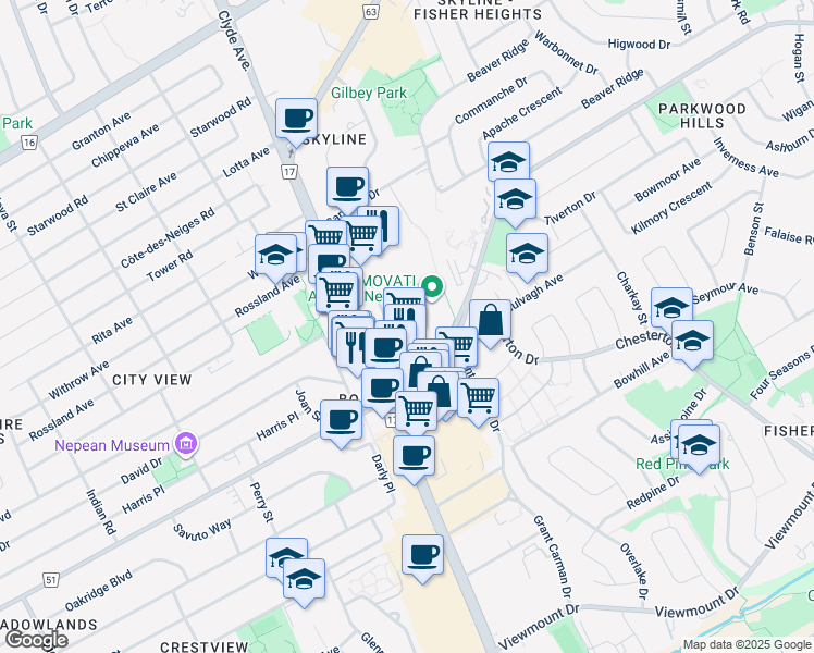 map of restaurants, bars, coffee shops, grocery stores, and more near 1062 Meadowlands Drive East in Ottawa