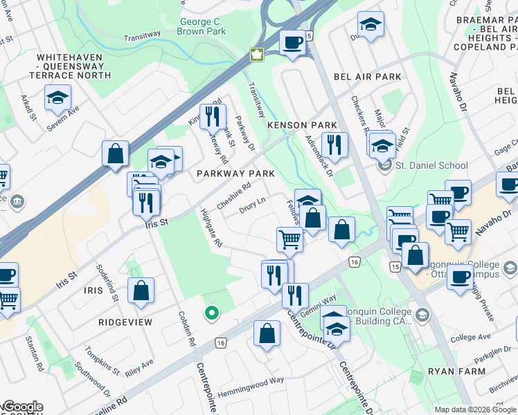 map of restaurants, bars, coffee shops, grocery stores, and more near in Ottawa