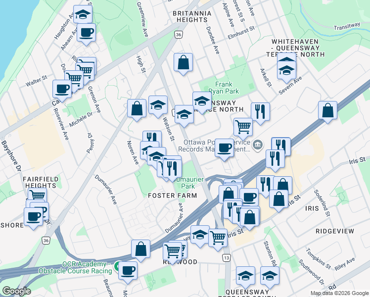map of restaurants, bars, coffee shops, grocery stores, and more near 1014 Pinecrest Road in Ottawa