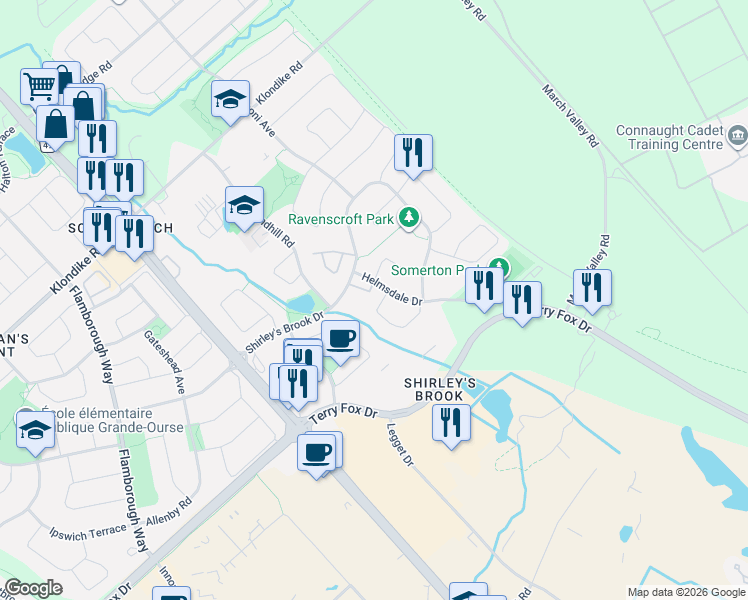 map of restaurants, bars, coffee shops, grocery stores, and more near 12 Kimbolton Crescent in Ottawa