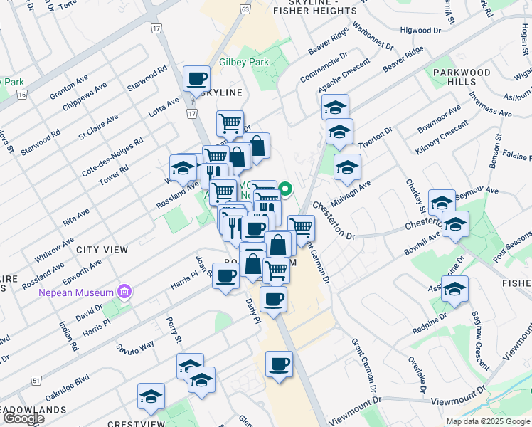 map of restaurants, bars, coffee shops, grocery stores, and more near in Ottawa