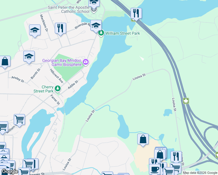 map of restaurants, bars, coffee shops, grocery stores, and more near 98 Louisa Street in Parry Sound