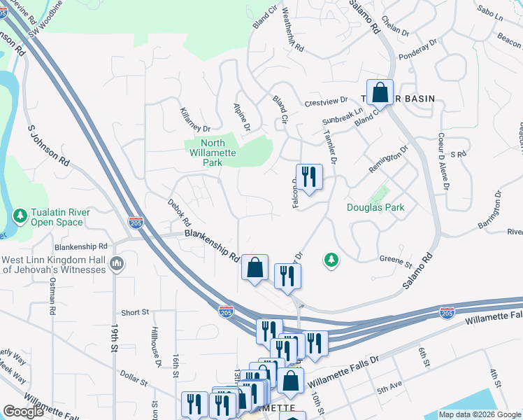 map of restaurants, bars, coffee shops, grocery stores, and more near 4860 Summerlinn Way in West Linn