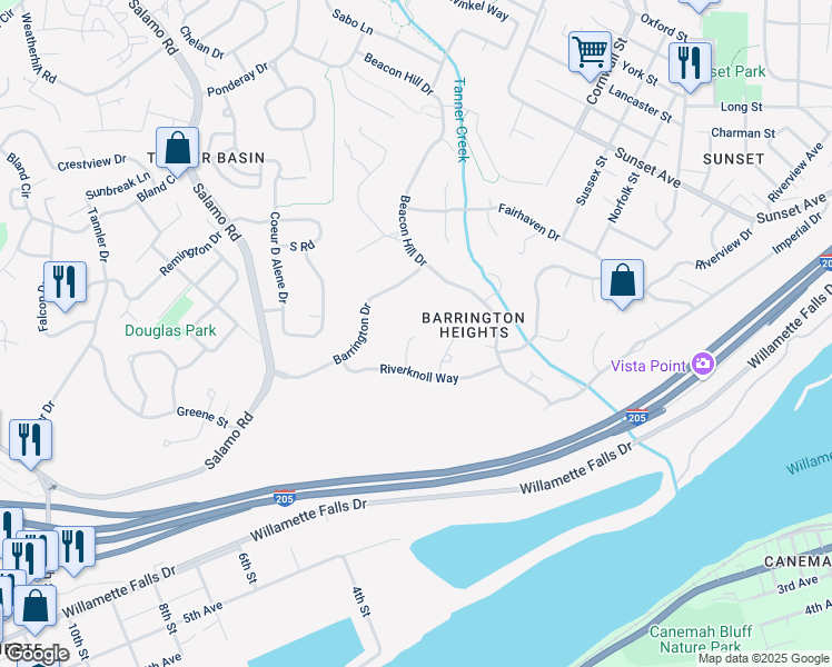 map of restaurants, bars, coffee shops, grocery stores, and more near 2017 Riverknoll Court in West Linn