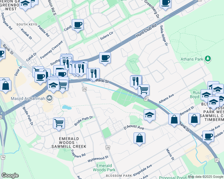 map of restaurants, bars, coffee shops, grocery stores, and more near 2899 Des Mesanges Drive in Ottawa