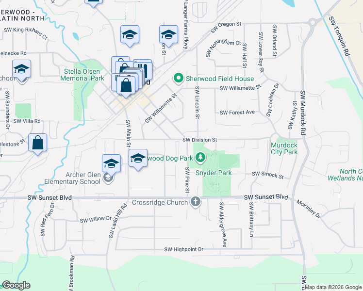 map of restaurants, bars, coffee shops, grocery stores, and more near 23041 Southwest Schamburg Drive in Sherwood