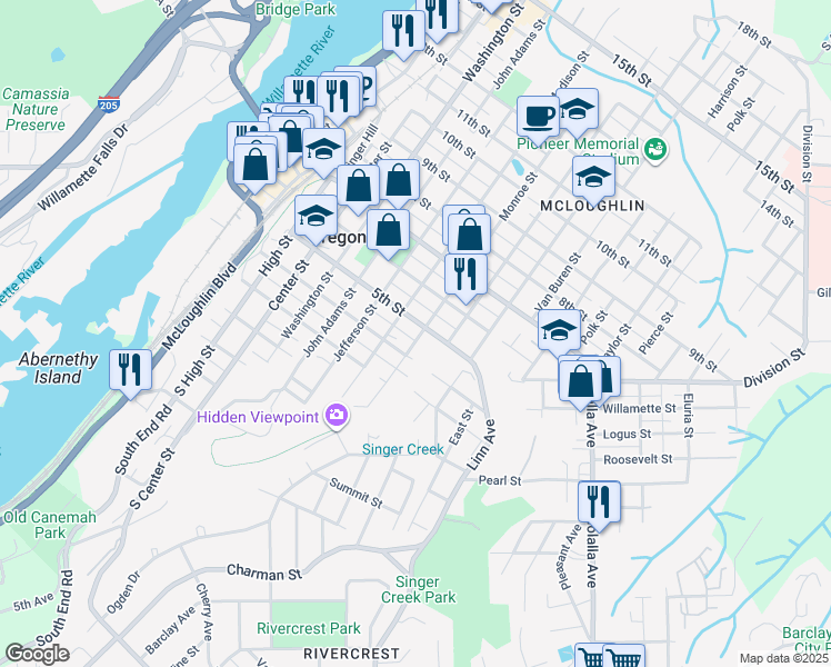 map of restaurants, bars, coffee shops, grocery stores, and more near 401 Monroe Street in Oregon City