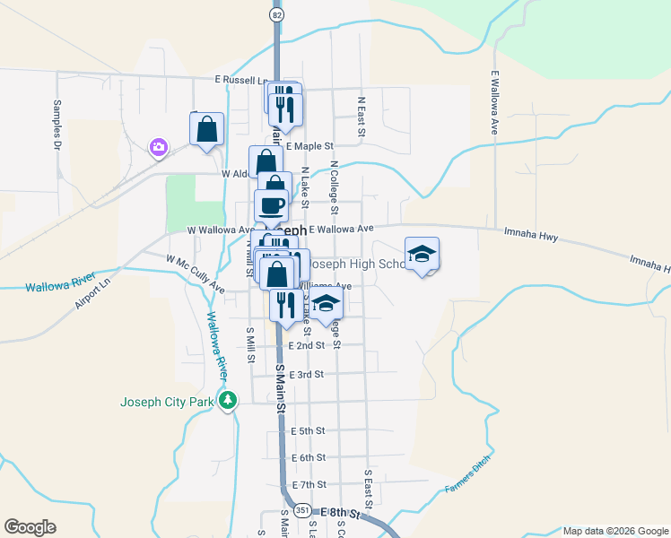 map of restaurants, bars, coffee shops, grocery stores, and more near 104 North College Street in Joseph