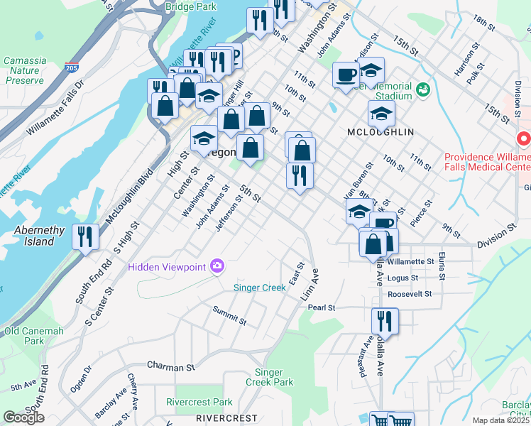 map of restaurants, bars, coffee shops, grocery stores, and more near 411 Monroe Street in Oregon City