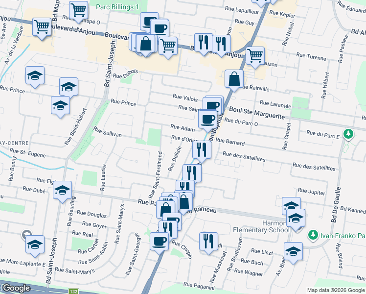 map of restaurants, bars, coffee shops, grocery stores, and more near 67 Rue Délisle in Châteauguay