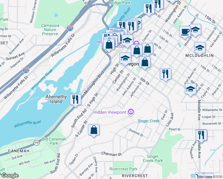 map of restaurants, bars, coffee shops, grocery stores, and more near 202 Center Street in Oregon City