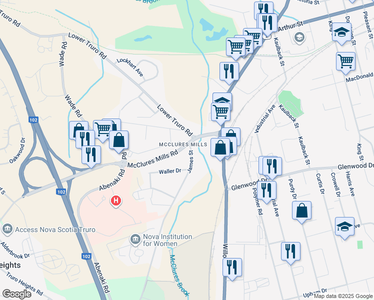 map of restaurants, bars, coffee shops, grocery stores, and more near 38 James Street in Truro