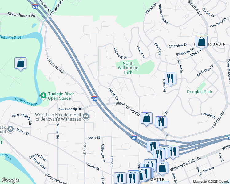 map of restaurants, bars, coffee shops, grocery stores, and more near Springtree Lane in West Linn