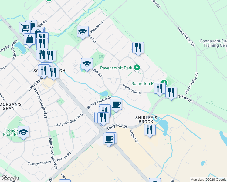 map of restaurants, bars, coffee shops, grocery stores, and more near 246 Sandhill Road in Ottawa