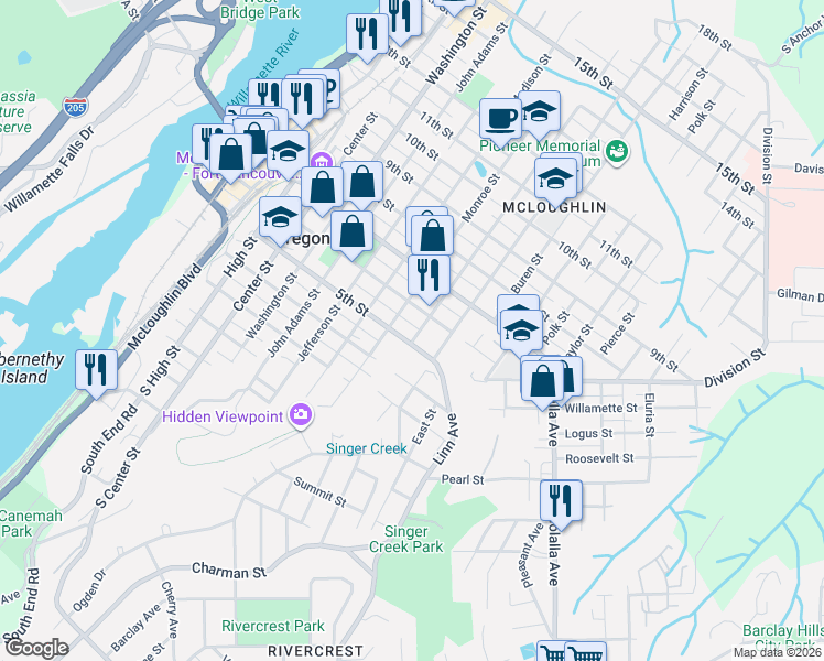 map of restaurants, bars, coffee shops, grocery stores, and more near 509 John Quincy Adams Street in Oregon City