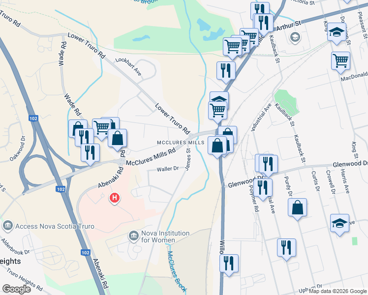 map of restaurants, bars, coffee shops, grocery stores, and more near 20 James Street in Truro