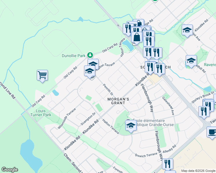 map of restaurants, bars, coffee shops, grocery stores, and more near 38 Penrith Street in Ottawa