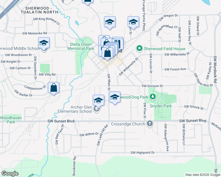 map of restaurants, bars, coffee shops, grocery stores, and more near 23022 Southwest Main Street in Sherwood