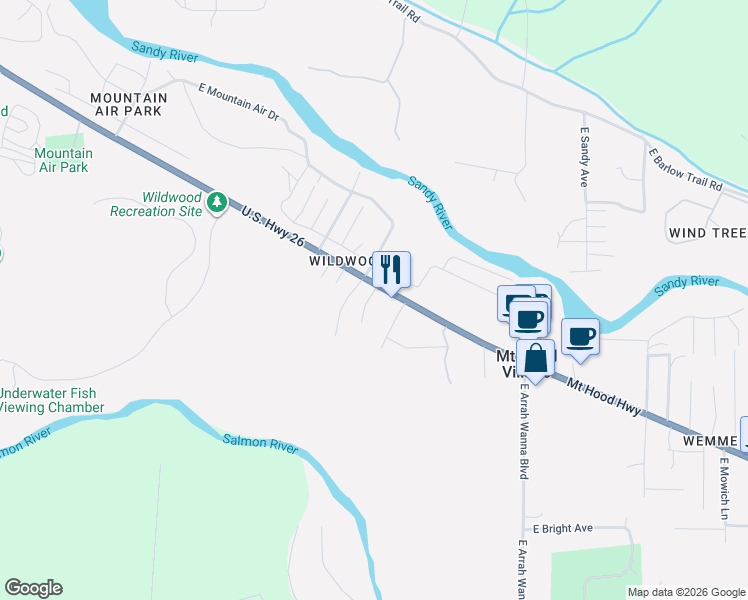 map of restaurants, bars, coffee shops, grocery stores, and more near 23580 East Gumjuwac Road in Mount Hood Village