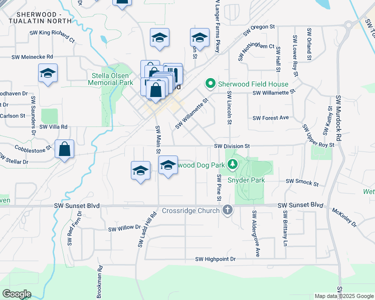 map of restaurants, bars, coffee shops, grocery stores, and more near 15760 Southwest Division Street in Sherwood