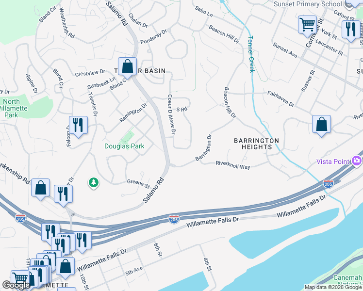 map of restaurants, bars, coffee shops, grocery stores, and more near 3345 Barrington Drive in West Linn