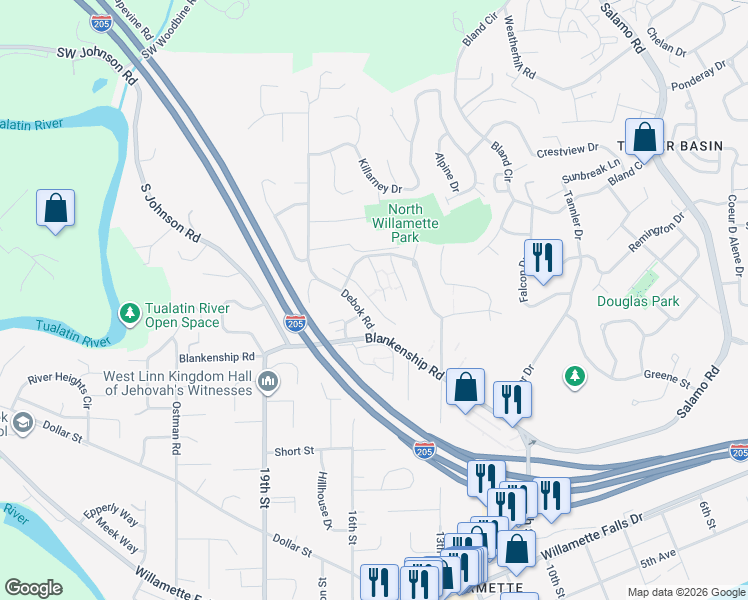 map of restaurants, bars, coffee shops, grocery stores, and more near 901 Springtree Lane in West Linn