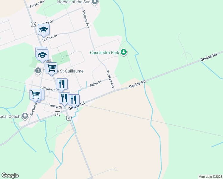 map of restaurants, bars, coffee shops, grocery stores, and more near 2041 Devine Road in Ottawa