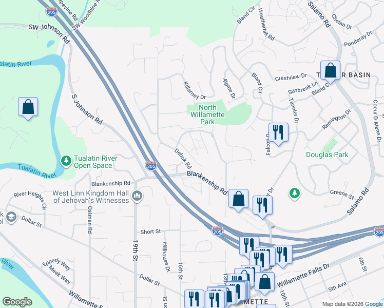 map of restaurants, bars, coffee shops, grocery stores, and more near 901 Springtree Lane in West Linn