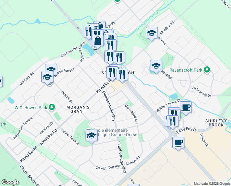 map of restaurants, bars, coffee shops, grocery stores, and more near 45 Mersey Drive in Ottawa