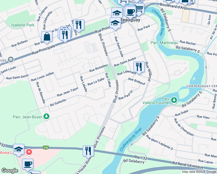 map of restaurants, bars, coffee shops, grocery stores, and more near 116 Rue Cabot in Châteauguay