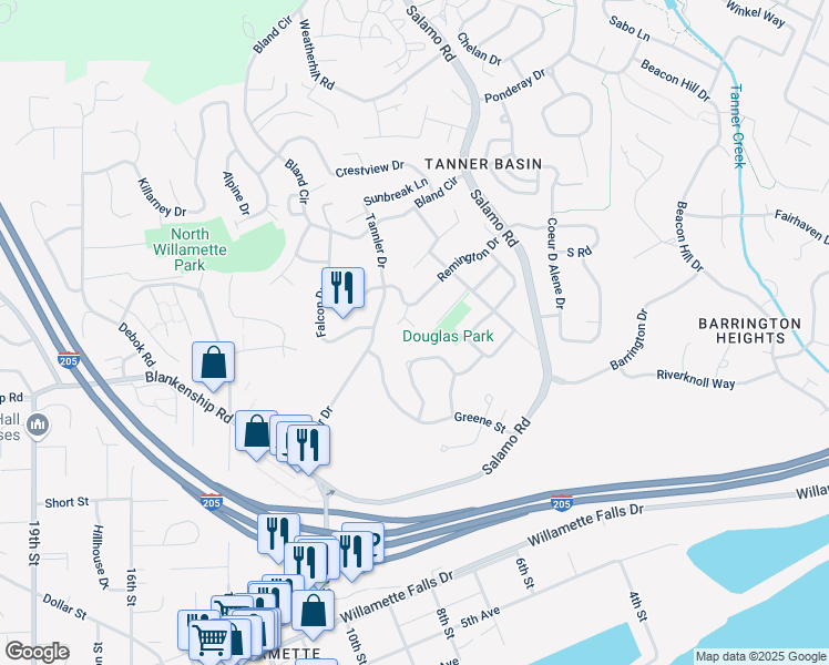 map of restaurants, bars, coffee shops, grocery stores, and more near 2539 Remington Drive in West Linn