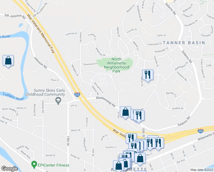 map of restaurants, bars, coffee shops, grocery stores, and more near 2535 Snowberry Ridge Court in West Linn