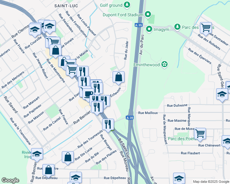map of restaurants, bars, coffee shops, grocery stores, and more near 68 Rue des Échevins in Saint-Jean-sur-Richelieu