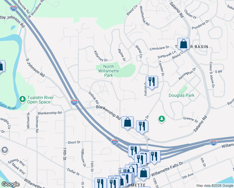 map of restaurants, bars, coffee shops, grocery stores, and more near 4195 Summerlinn Drive in West Linn