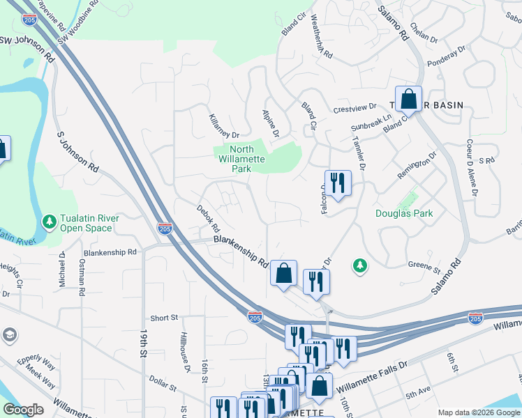 map of restaurants, bars, coffee shops, grocery stores, and more near 3870 Summerlinn Drive in West Linn