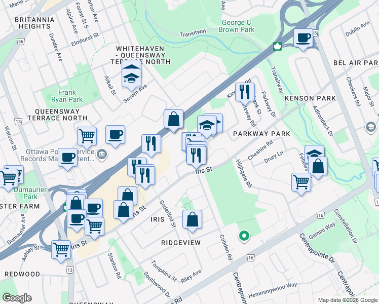 map of restaurants, bars, coffee shops, grocery stores, and more near 2275 Elmira Drive in Ottawa