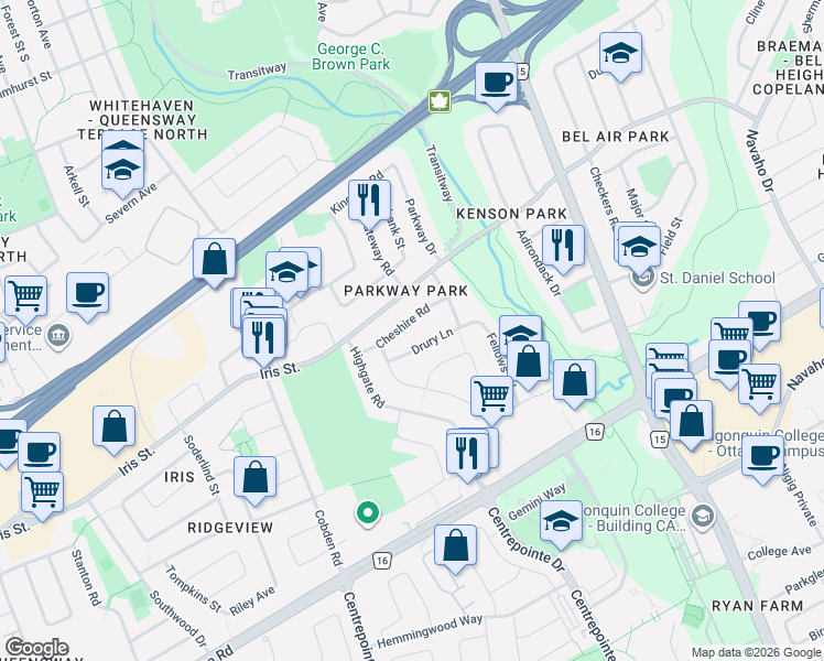 map of restaurants, bars, coffee shops, grocery stores, and more near 2390 Cheshire Road in Ottawa