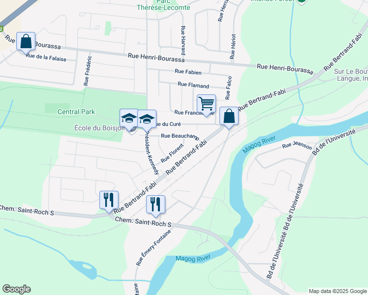 map of restaurants, bars, coffee shops, grocery stores, and more near 6190 Rue Florent in Sherbrooke