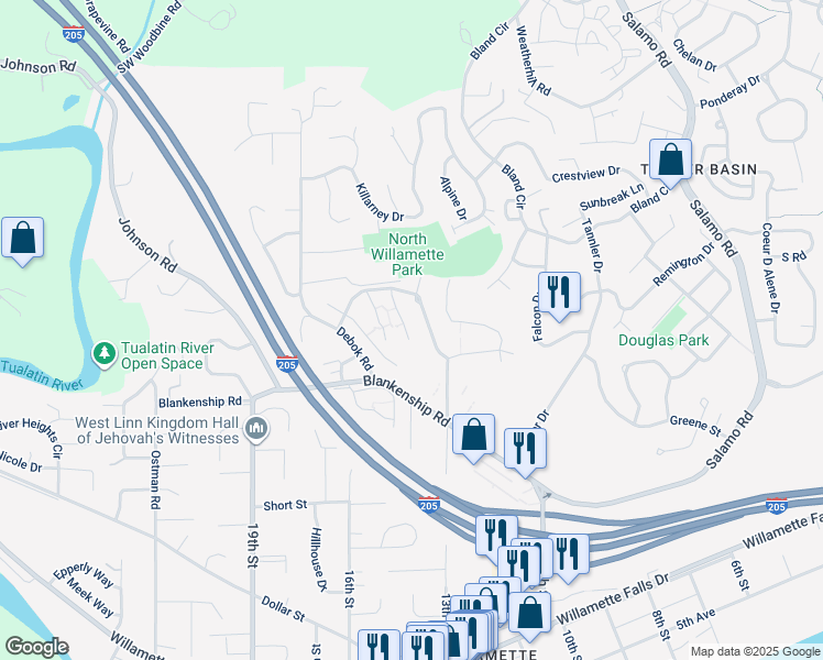 map of restaurants, bars, coffee shops, grocery stores, and more near 2610 Snowberry Ridge Court in West Linn
