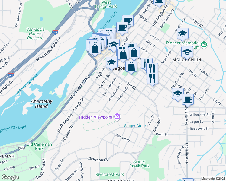 map of restaurants, bars, coffee shops, grocery stores, and more near 609 4th Street in Oregon City