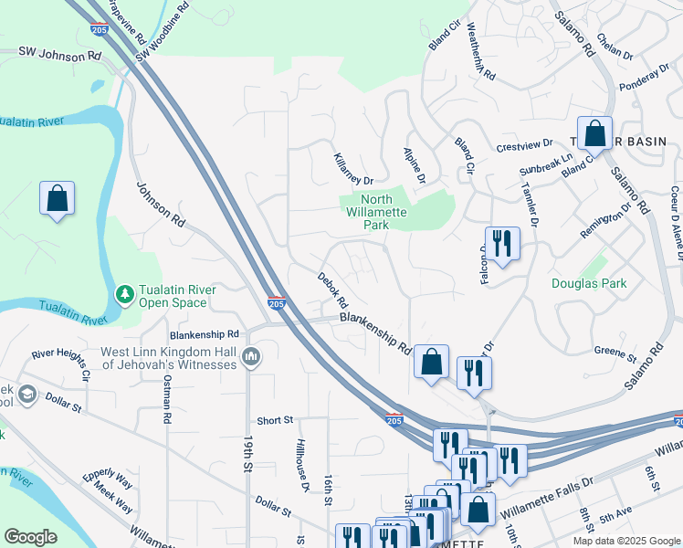 map of restaurants, bars, coffee shops, grocery stores, and more near 1280 Fall Oaks Court in West Linn
