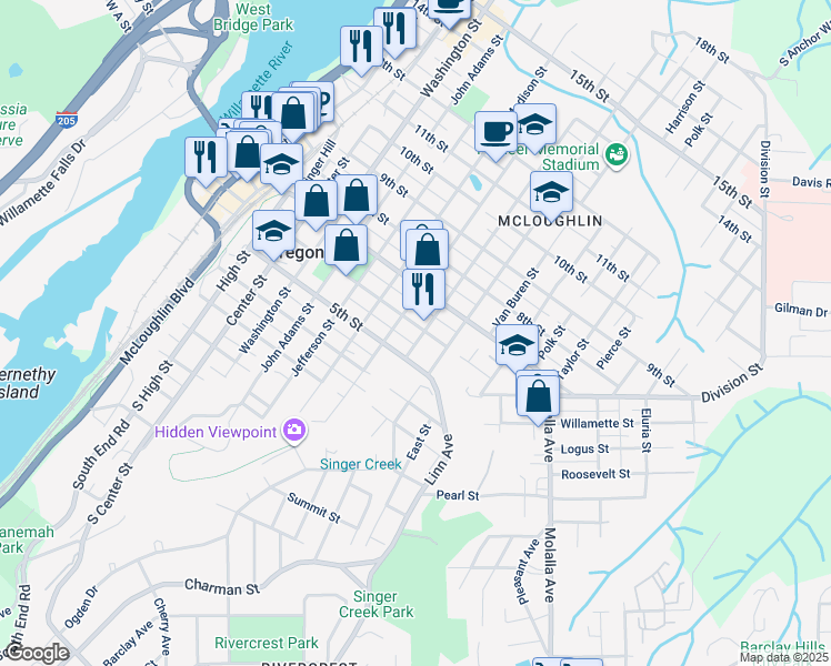 map of restaurants, bars, coffee shops, grocery stores, and more near 601 Monroe Street in Oregon City