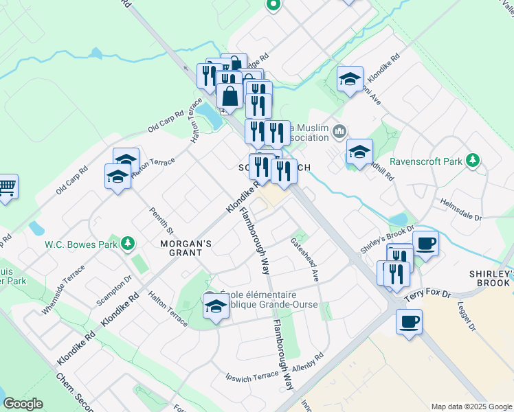 map of restaurants, bars, coffee shops, grocery stores, and more near 1102 Klondike Road in Ottawa
