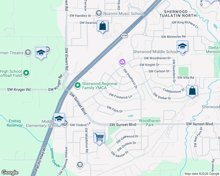 map of restaurants, bars, coffee shops, grocery stores, and more near 17954 Southwest Mandel Lane in Sherwood