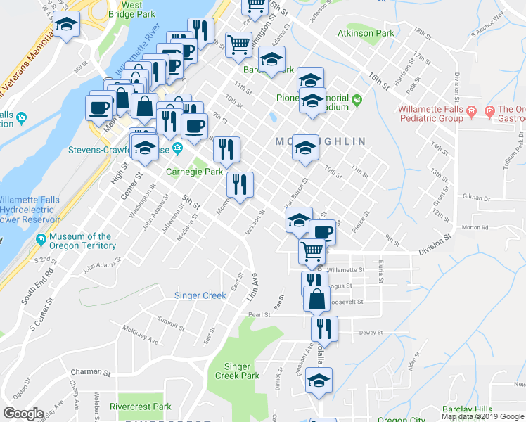 map of restaurants, bars, coffee shops, grocery stores, and more near 660 Jackson Street in Oregon City