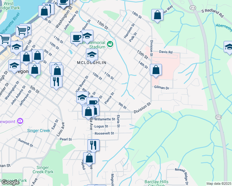 map of restaurants, bars, coffee shops, grocery stores, and more near 1617 10th Street in Oregon City