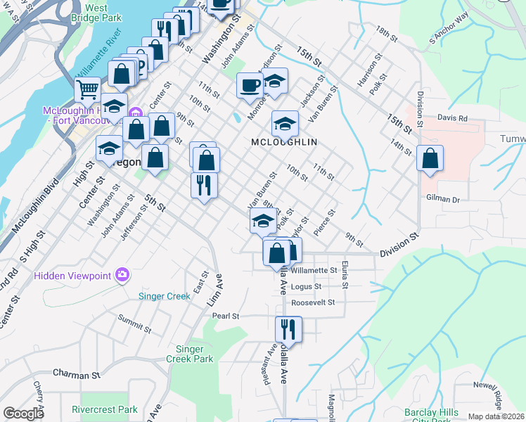 map of restaurants, bars, coffee shops, grocery stores, and more near 802 Van Buren Street in Oregon City