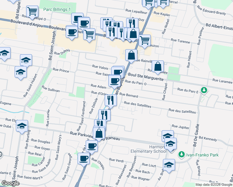 map of restaurants, bars, coffee shops, grocery stores, and more near 185 Boulevard Saint-Jean-Baptiste in Châteauguay