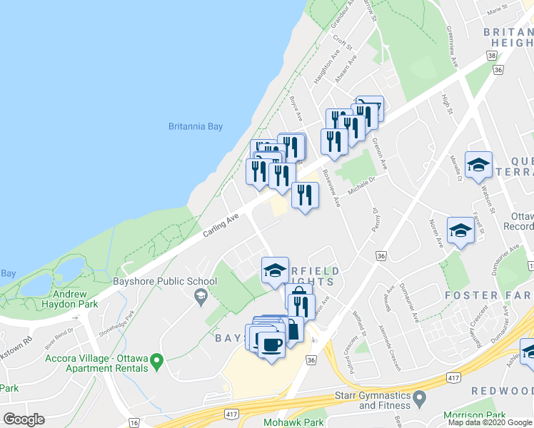 map of restaurants, bars, coffee shops, grocery stores, and more near 70 Wylie Avenue in Ottawa